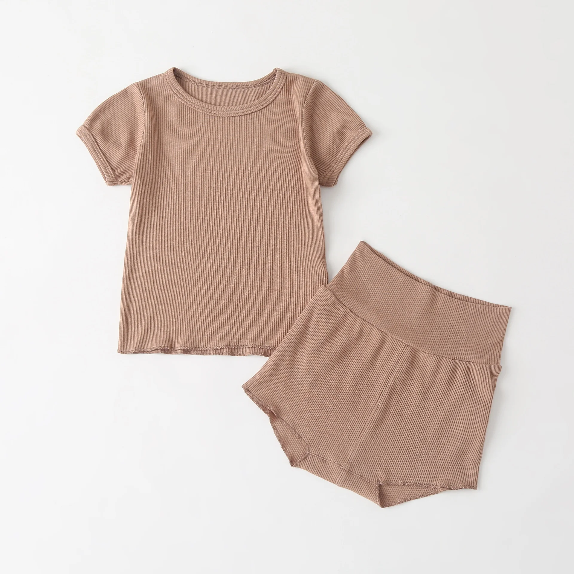 Искусственный шёлковый спандекс ребристая Трикотажная футболка с коротким рукавом и короткие штаны с высокой талией в стиле унисекс для маленьких, детская одежда