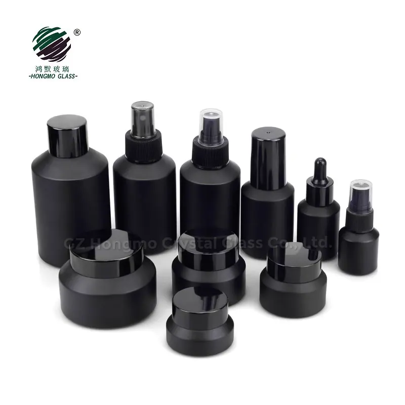 60ml 125ml 200ml matte black slant shoulder glass cosmetic lotion pump bottles 100g glass cream jars container <span style=