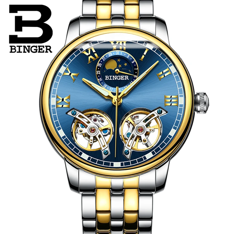 Binger double tourbillon skeleton sale mechanical watch