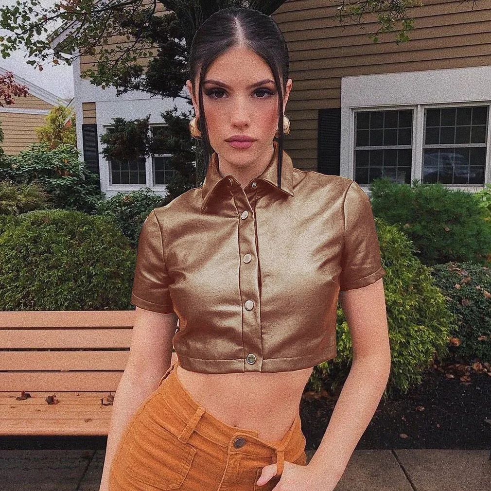 Black PU Leather Button Up Short Sleeve Crop Top T Shirt Women Fashion 2021 Streetwear Vintage Clothes
