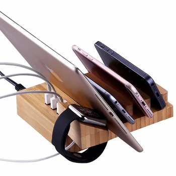 Bamboo Charging Station 3 Ports Mobile Phone Docking Stand Holder Bamboo Charging Station