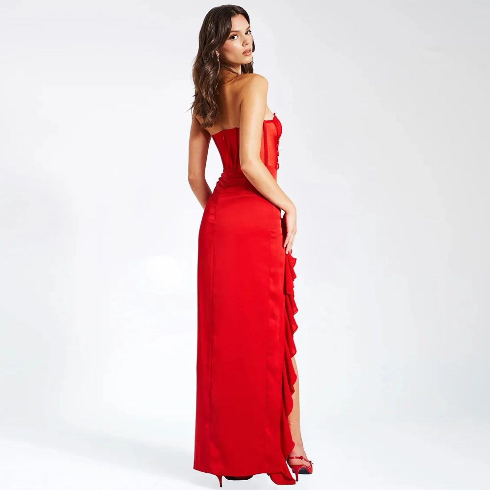 SB2677 Red Maxi Dresses Party Elegant Off Shoulder Sleeveless With Lace  Sexy High Slit Flower Ruffle Dress