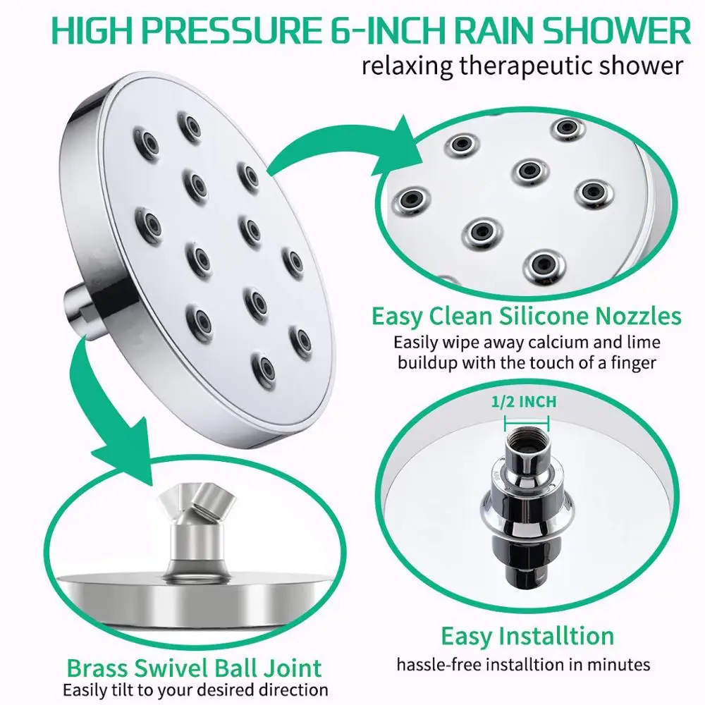 6 Inch Rainfall Strong Jet Mist Shower Head High Pressure Full Chrome