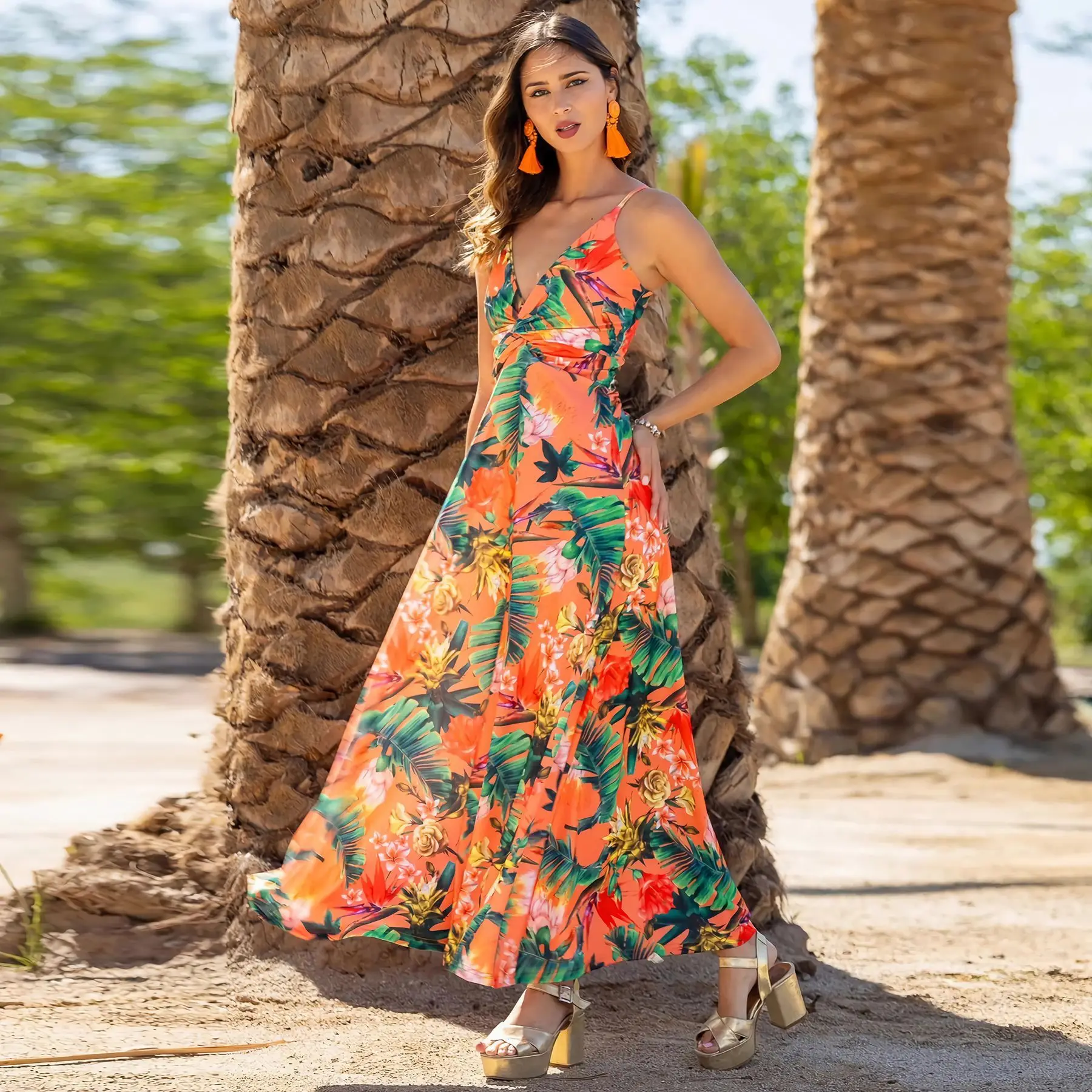 Wholesale Flower Print Summer Long Maxi Dress Women Split Floral Robe Female Spaghetti Strap Elegant Boho Holiday Party Dress