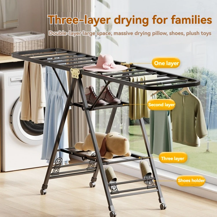 2-Tier Folding Metal Rack Floor Type Cloth Dryer Hanger Stand With - Main Image