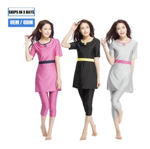 Custom New Fashion High Quality Covered Solid Short Sleeve Muslin Burkini 2-Piece Set Front Anti-UV Breathable Pants for Women