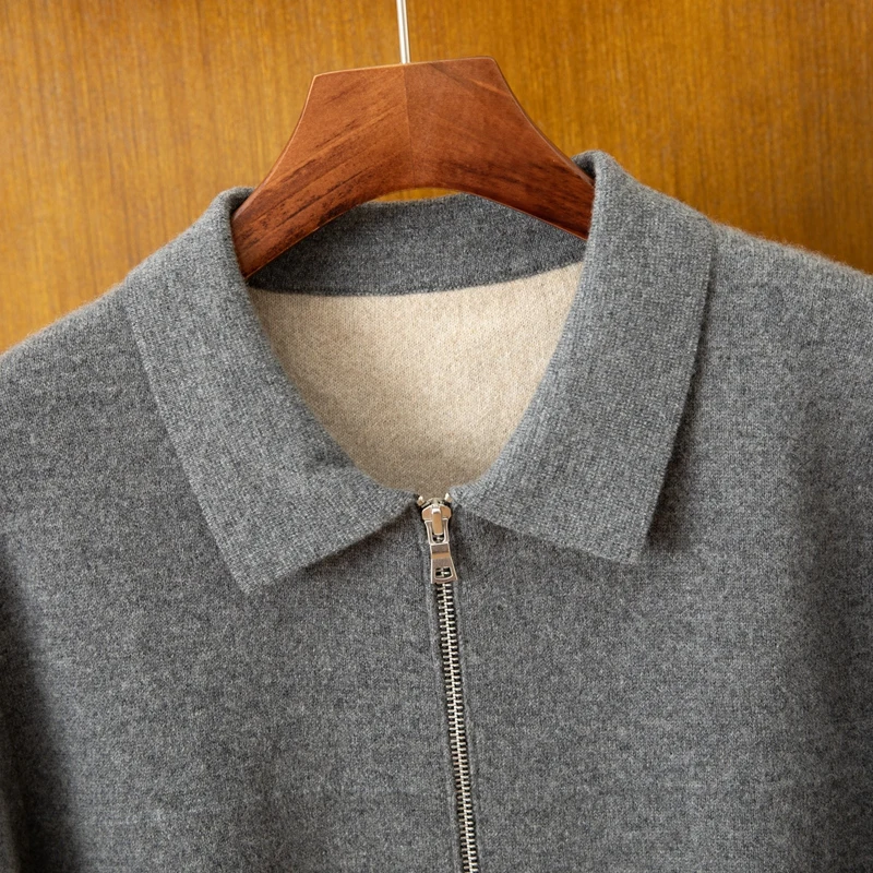 Autumn Winter Men's 100% Cashmere Breathable Padded Cardigan Zipper Knitted Shirt Collar Sweater Jacket