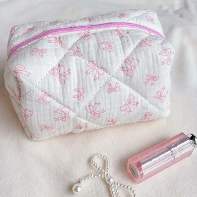 Wholesale Promotional Cotton Cosmetic Bag Cute Bow Daily Necessities Storage Makeup Organizer Factory Price