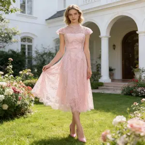 New Stock Arrival Autumn Winter New French Stand-up Collar Short Sleeves Long Dress with Hollowed-out Lace