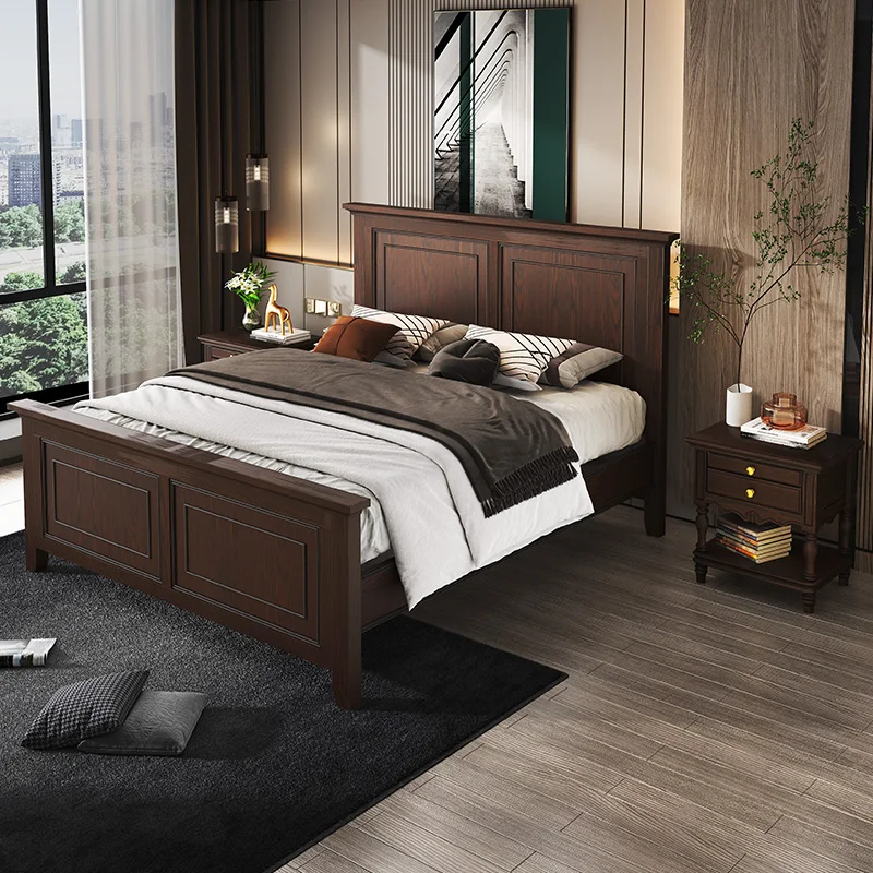 American Country Style Antique Hand-carved Solid Wood Bed for Bedroom B330