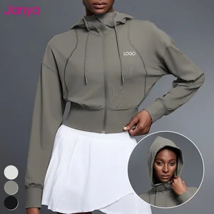 Janya Cropped Sports Jackets Short-Waisted Casual Long Sleeves Fitness Top Drawstring Hooded Full Zipper Yoga Jacket for Women