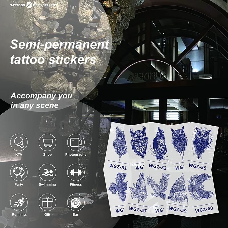 Waterproof Semi-Permanent Tattoo Sticker Owl & Eagle Bird  Animal Design Deep Blue Sweatproof Long-Lasting Plant-Based Non-Toxic