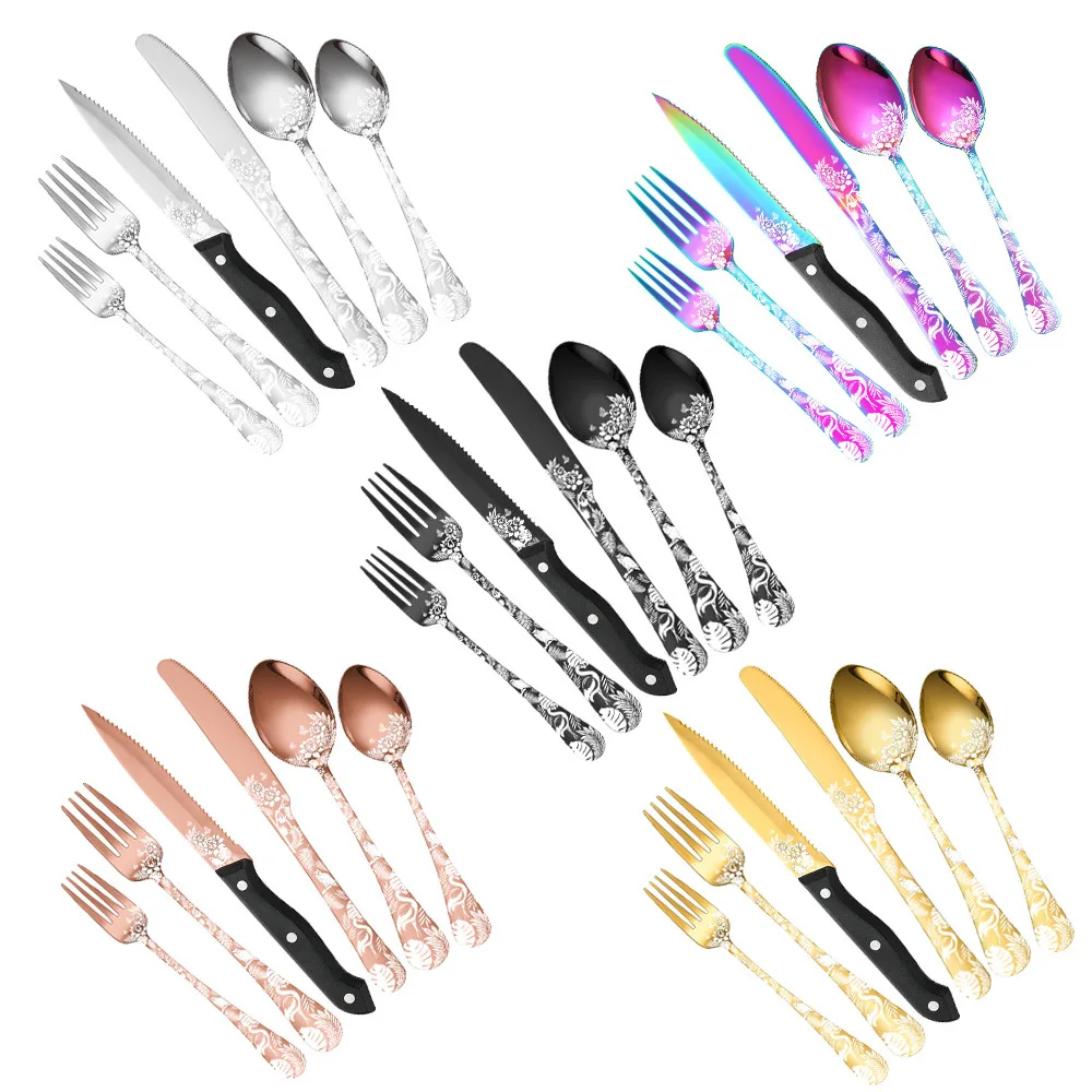 Hot Selling Pattern Handle Wedding Cutlery Set Stainless Steel Steak Knife Dessert Fork Spoon 24Pcs Gold Cutlery Set