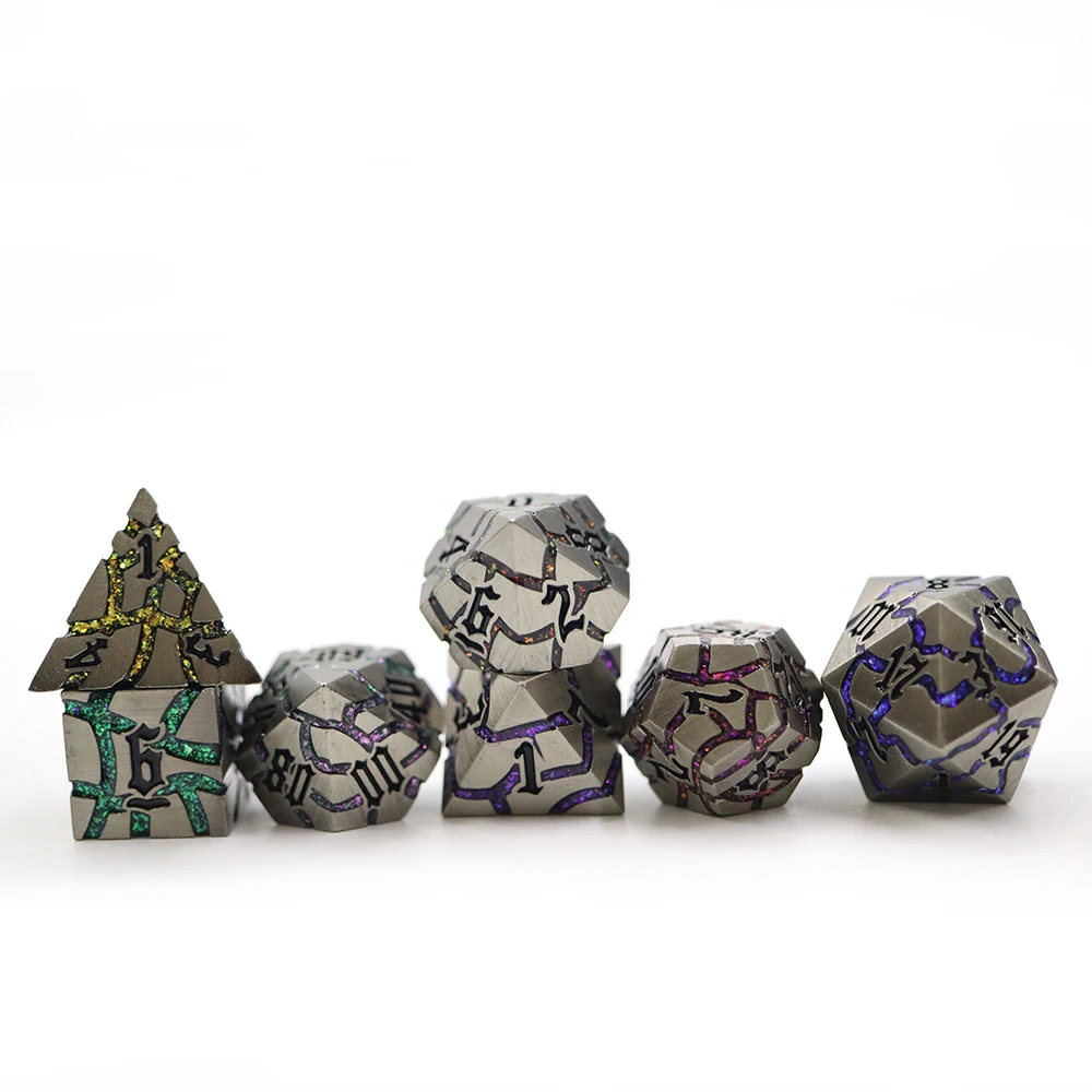 Polyhedral Dice Starry Green Blue Colorful Mica Glitter Sharp Edge Cracked Dice Set With Black Number for Dnd Board Game