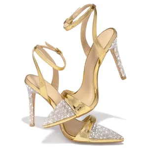 Women's Gold Metallic High Heel Pointed Toe Sparkling Rhinestones Ankle Strap Design-Stylish High Top for Summer Outdoor Wear