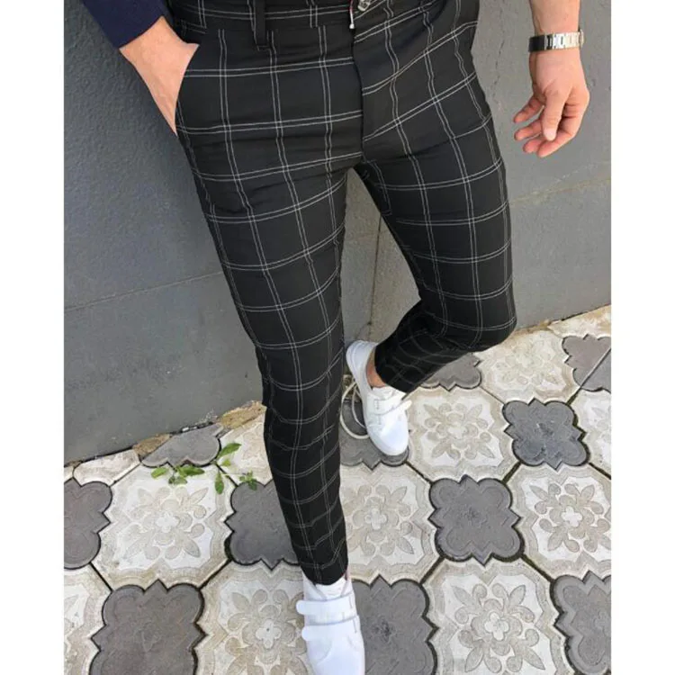 Autumn Fashion Man Pants Casual Business Men Plaid Pants Streetwear Slim Fit Long Trouser For Men's Mid Waist Buttoned Pants