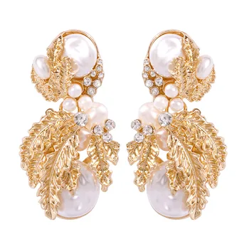 ZA New Design Wholesale Gold Metal Leaves Pearl Rhinestone Statement Earrings For Women