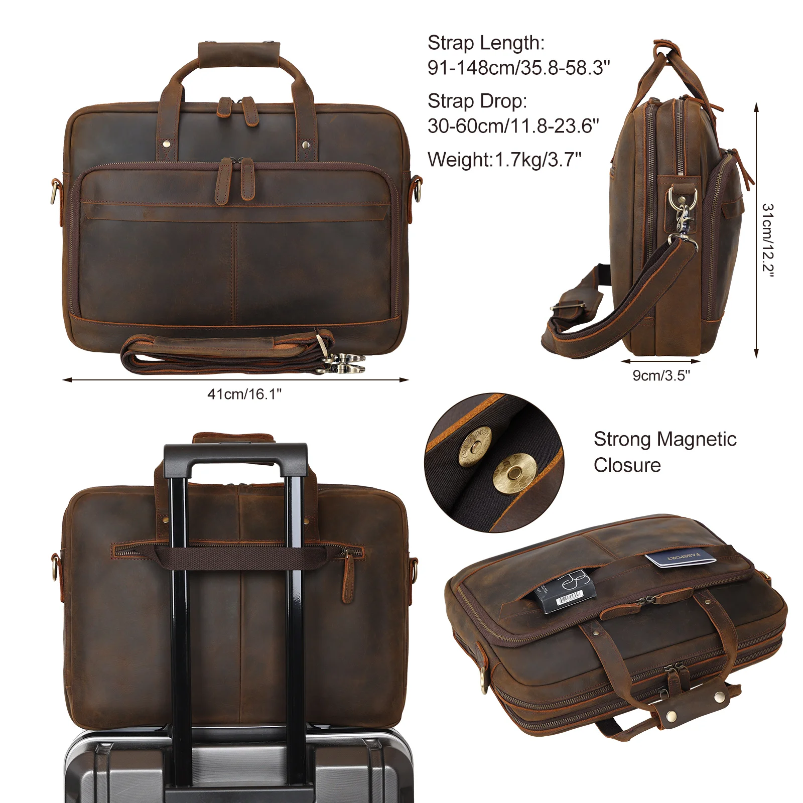 New Arrival 15.6 Inch Cow Leather Travel Briefcase Bag Vintage Retro Crazy Horse Leather Briefcase for Men