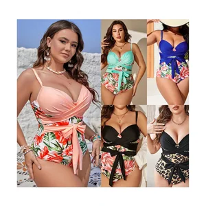 Plus Size One Piece Polyester Hard Packed Chest Tie Printed Bikini Swimsuit for Women