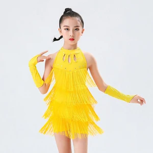 Girls Salsa Dance Fringes Dance Dresses Set Latin American Sleeveless Ballroom Costume Rumba Tango Samba