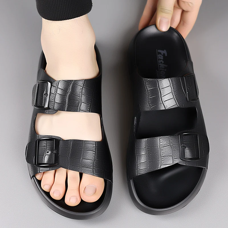 New Brand Original High Quality Men slippers Pair Fashion Italy Design  Buckle Genuine Leather Formal Slide Sandals Chic Brand
