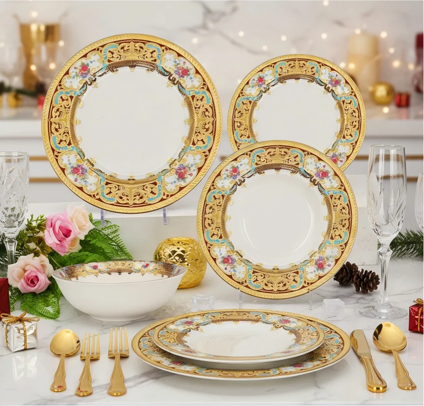 24 Pcs Luxury High Quality Porcelain And Bone China Dinnerware Dinner Plate Set With 6inch Bowl For Hotel Holiday Wedding Party