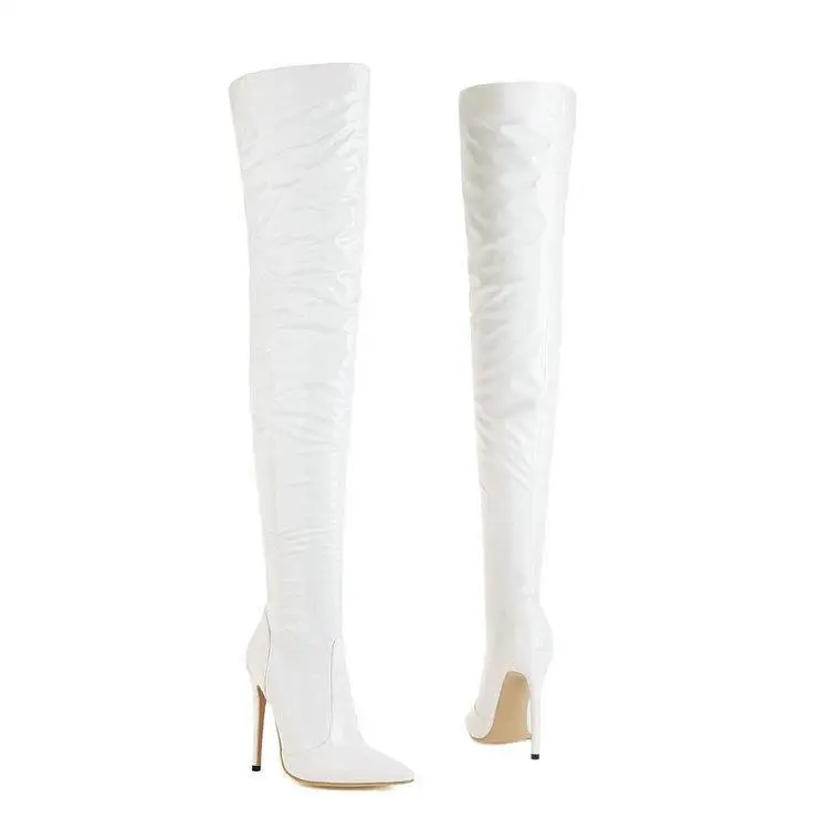 Women Fashion Waterproof Leather Shiny Thigh Long Black Elastic Over The Knee High Boots - Image 6