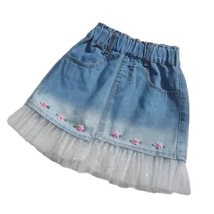 Customizable Summer New Arrival Denim Girls Skirts Tulle Hem Flower 100% Cotton Cute Kids Skirts