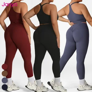 Janya Breathable Plus Size Women Yoga Set Elastic Waist Yoga Suit Front Wrinkle Bra High Rise Leggings Sports Gym Fitness Outfit