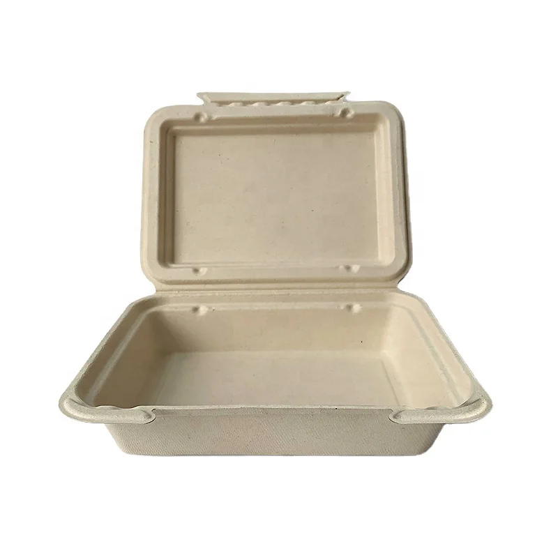 9x6inch Disposable Sugarcane Bagasse Pulp Food Container Heat-Resisting Microwaveable Biodegradable Take Out Clamshell Lunch Box