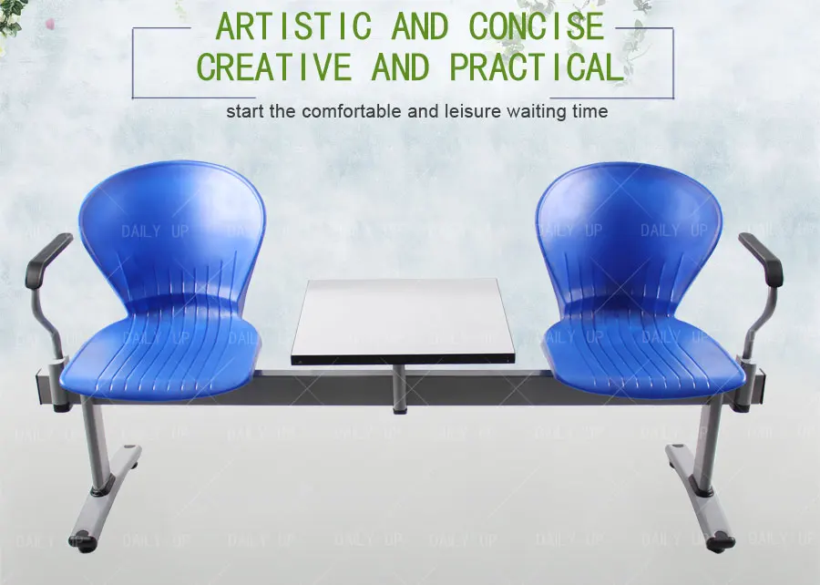Double Public Waiting Chair With Armrest Metal Beam Seating With Square Table For Airport Hospital Station School Reception
