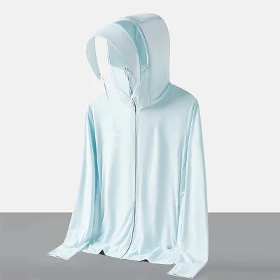 Unisex UPF 50+ sun-protective quick-drying hooded jacket with a detachable hood and zip closure, made of 90% nylon and 10% polyester.