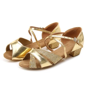 Girls' Comfortable Low-Heeled Soft-Soled Leather Outsole Salsa and Latin Dance Shoes for Children's Indoor Stage Performance