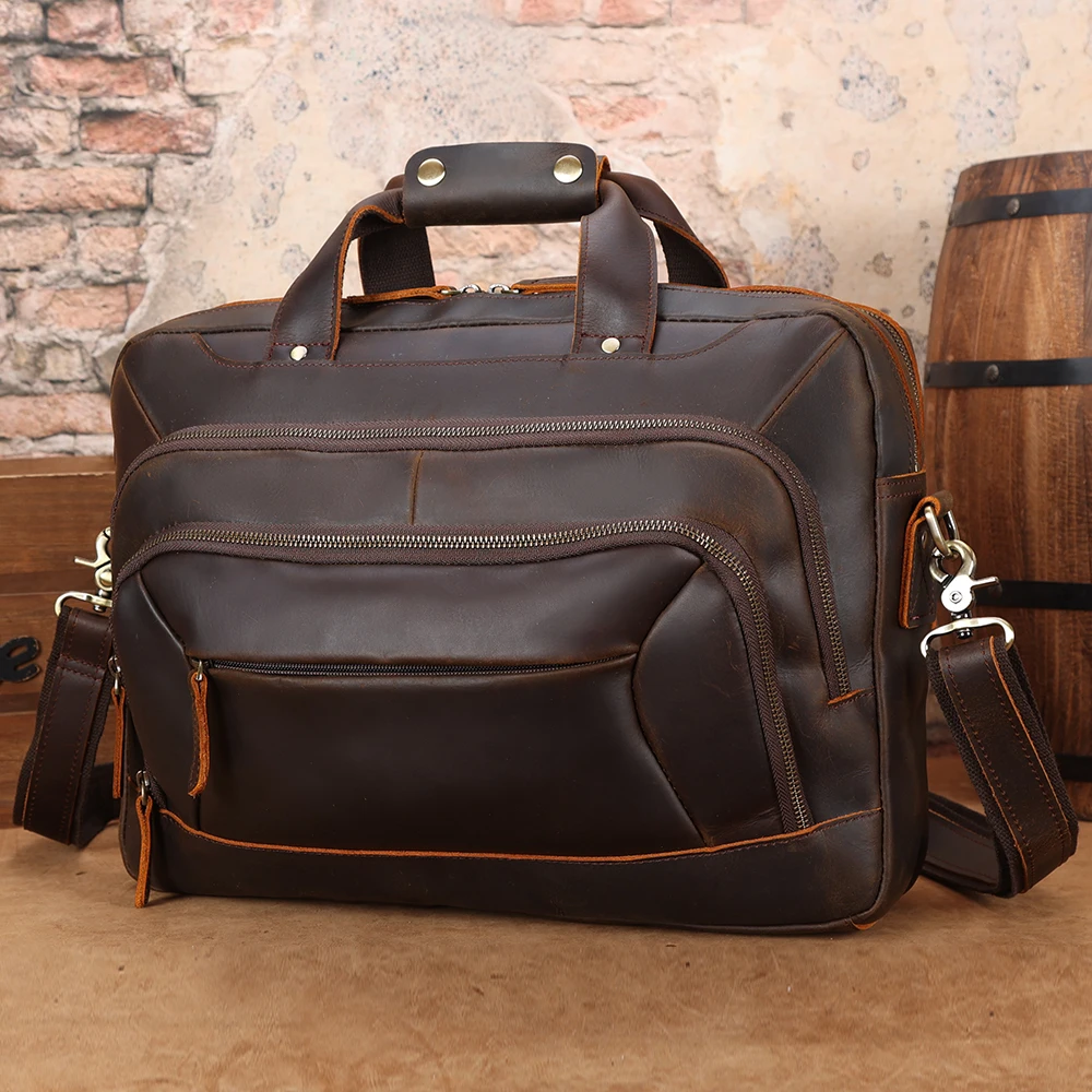 Top Grain Real Crazy Horse Leather 17 Inch Laptop Briefcase Messenger Men Genuine Leather Computer Laptop Briefcases