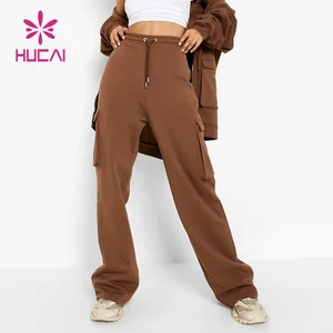 HUCAI Custom High Quality French Terry Cotton Loose Wide Leg Drawstring Joggers Pants Pockets Baggy Cargo Sweatpants Women