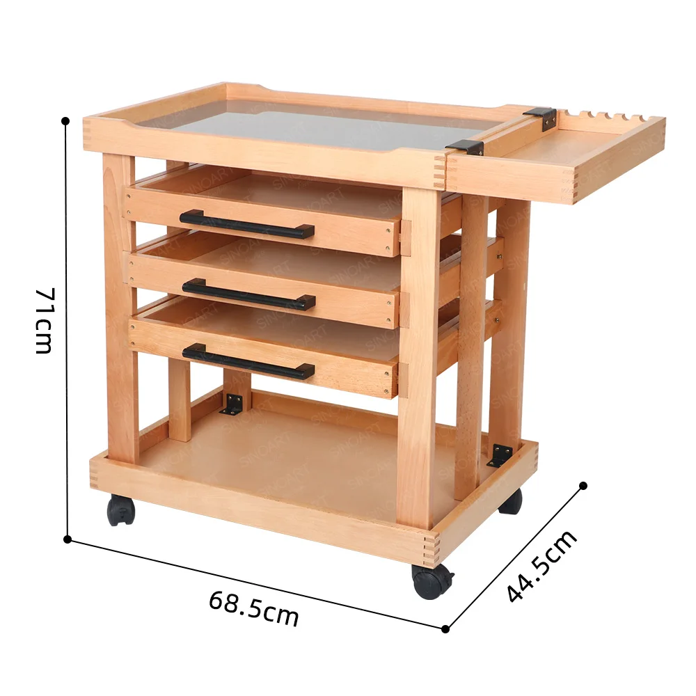 SINOART 5 Tier Solid Beech Wood Rolling Cart with 3 Drawers 4 Wheels Artist Storage Cart