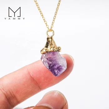 Gold Plated Charms Chain Natural Purple Amethyst Crystal Gemstone Pendant Necklace