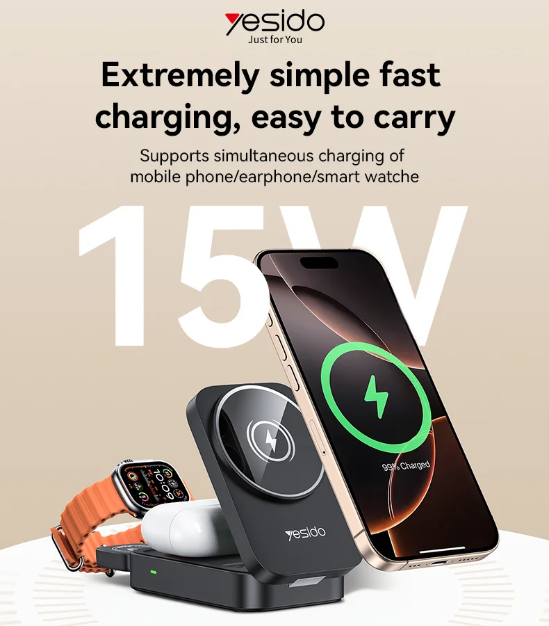 Yesido DS27 15W Wireless Fast Charging Multiple Protections Foldable Design 3-in-1 Desktop Wireless Charger