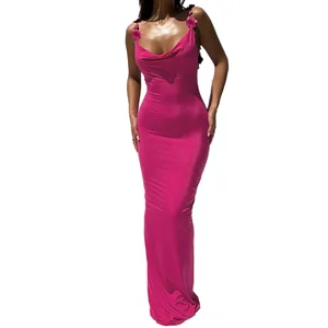 Customize Rose Red Dot Print V-Neck Empire Waist Fit Flare Strap Maxi Dress Sleeveless Backless Sexy Party Club Evening Summer