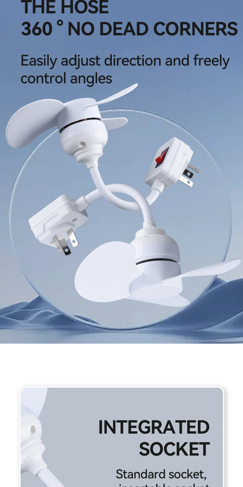 Plug in Portable 5.6W Small Fan 360 ° Bendable AC85-220v 3 Fan Blades Strong Wind Silent Summer Household Fan