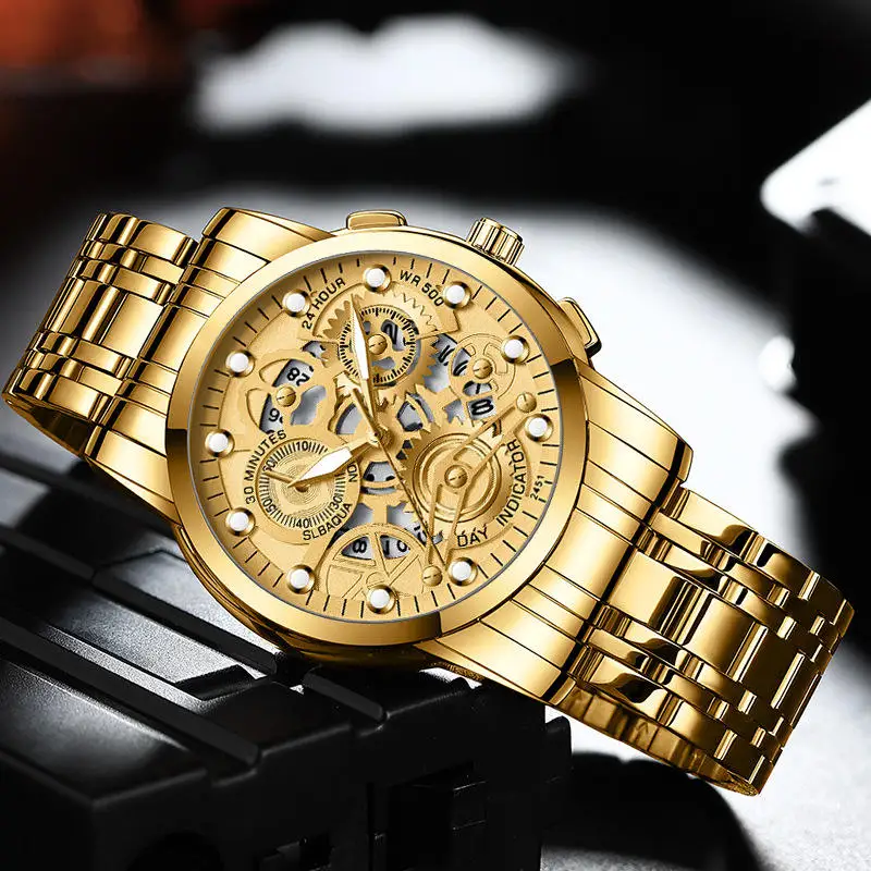 VAVA VOOM Gold Men's Watch Hollow Trend Quartz Stainless Steel Waterproof Luminous Fashion Wrist Watches for Men