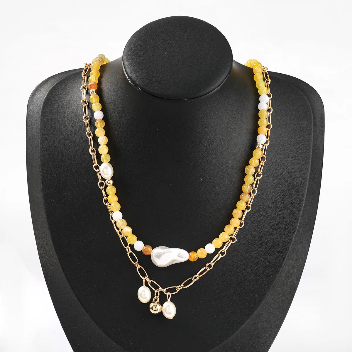 bohemia style jewelry yellow resin beads pearl necklace 2 pcs