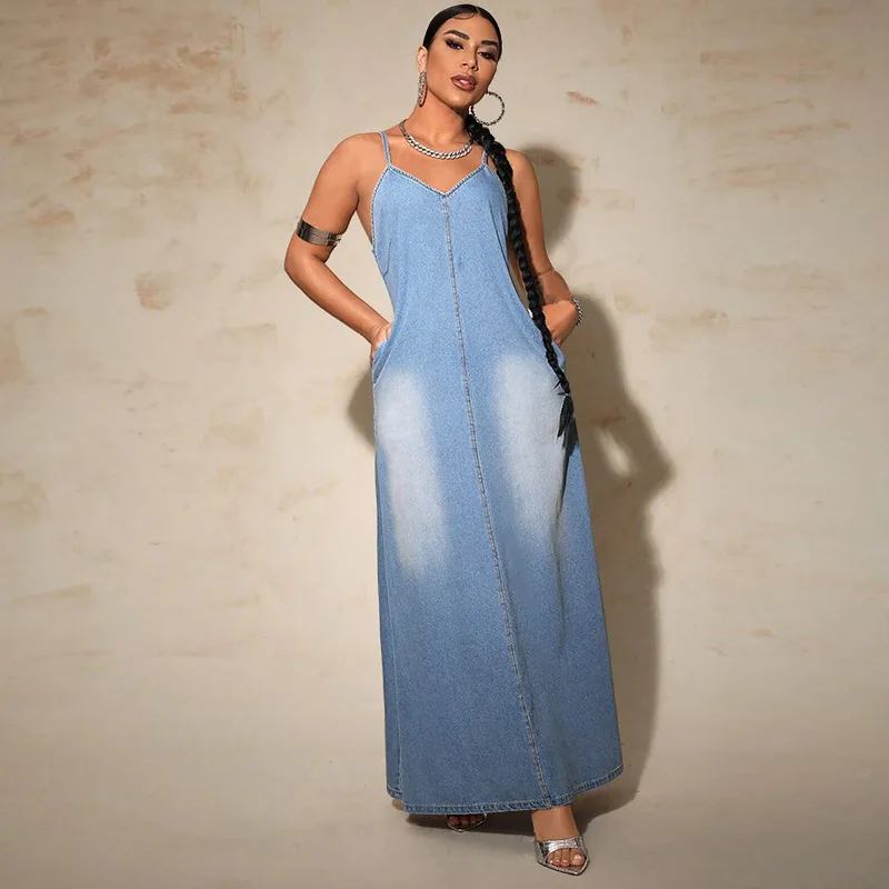 Plus Size Women's New Washed Streetwear Denim Suspender A-Line Long Dress supplier