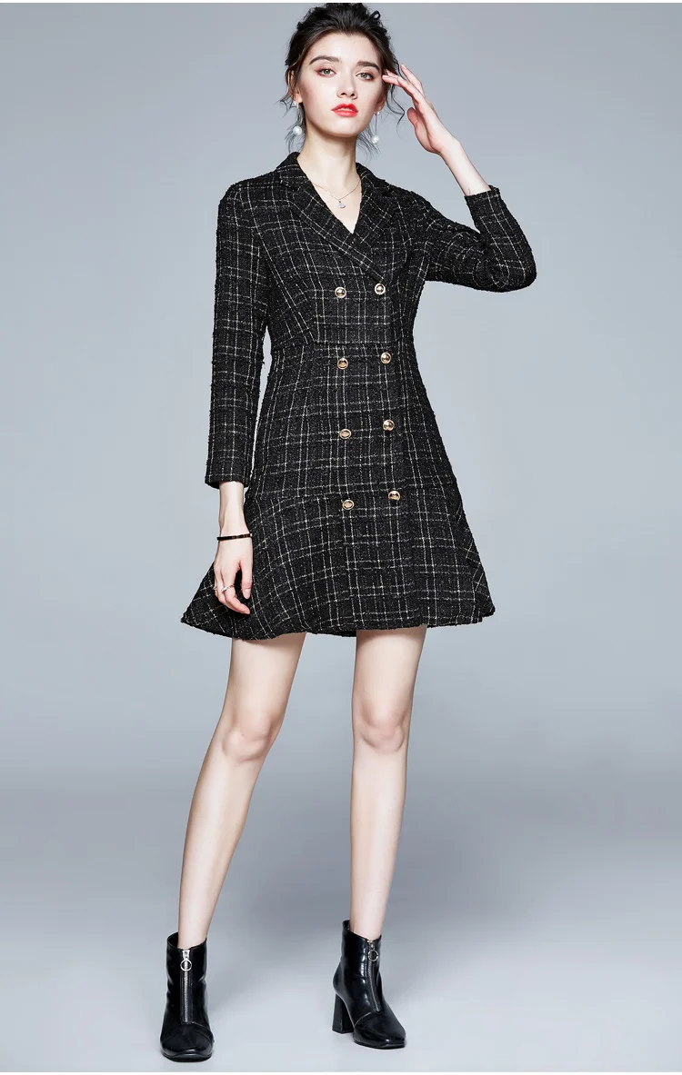Vintage Black Plaid Tweed Outwear Lapel Collar Double Breasted Lady Dress