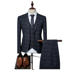 High End Quality Formal Business Office Plaid Three Piece Suit Man