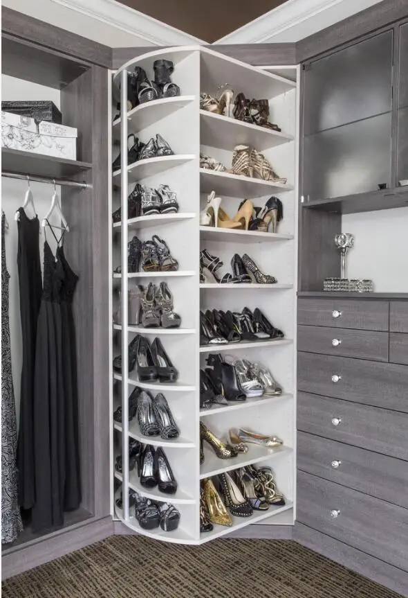 Walk in Wardrobe Closet With Rotating Shoe Rack in Amoires Design