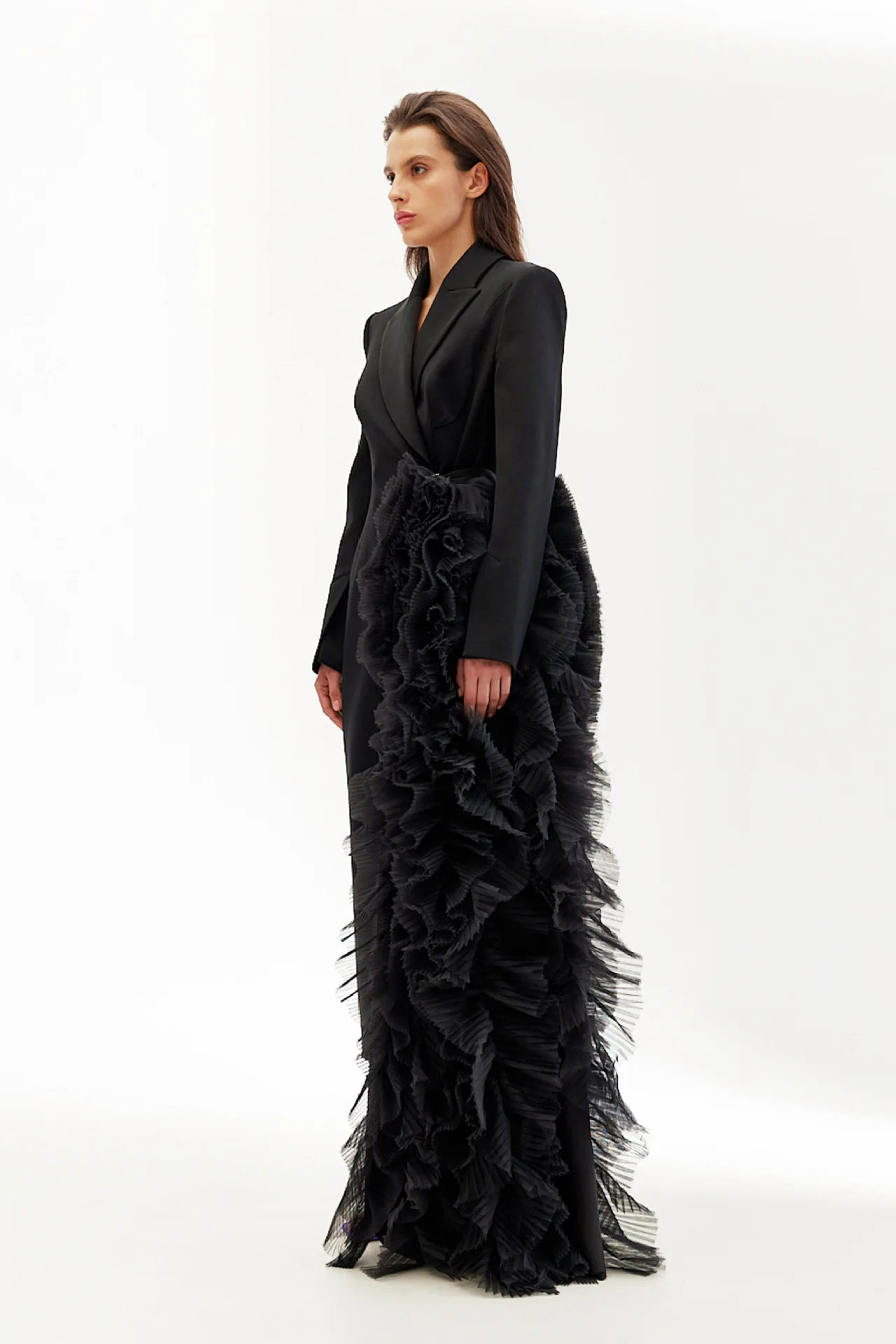 Wholesale Asymmetric blazer dress tulle ruffle hem elegant coat dress fashion long jacket dress chic tatement outfit party evening high fashion