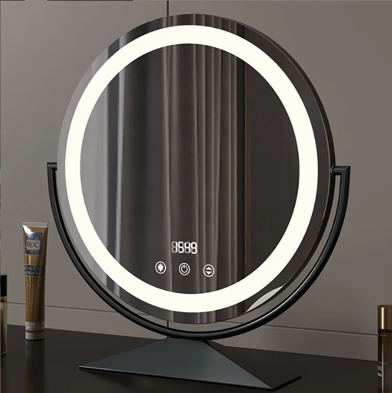 Modern Silver LED Makeup Mirror with Smart Touch Buttons for Bathroom and Vanity