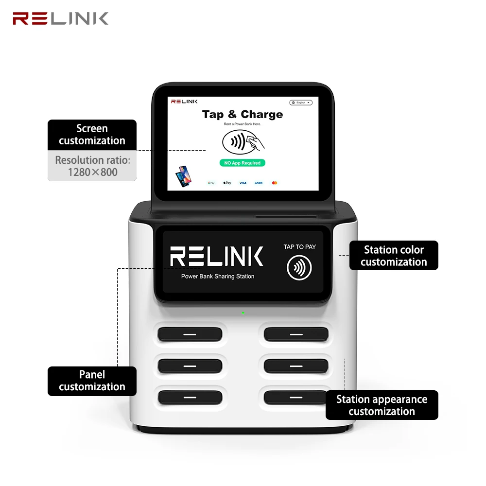 2024 Relink Shared Powerbank Charging Station Nfc Power Bank Rental Station With Advertising Screen