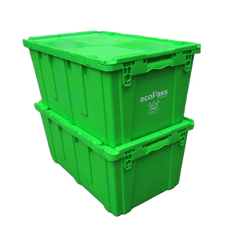 Plastic Storage Stackable Crate  Attached Lid Tote Container Plastic Moving Tote Crates Turnover Boxes